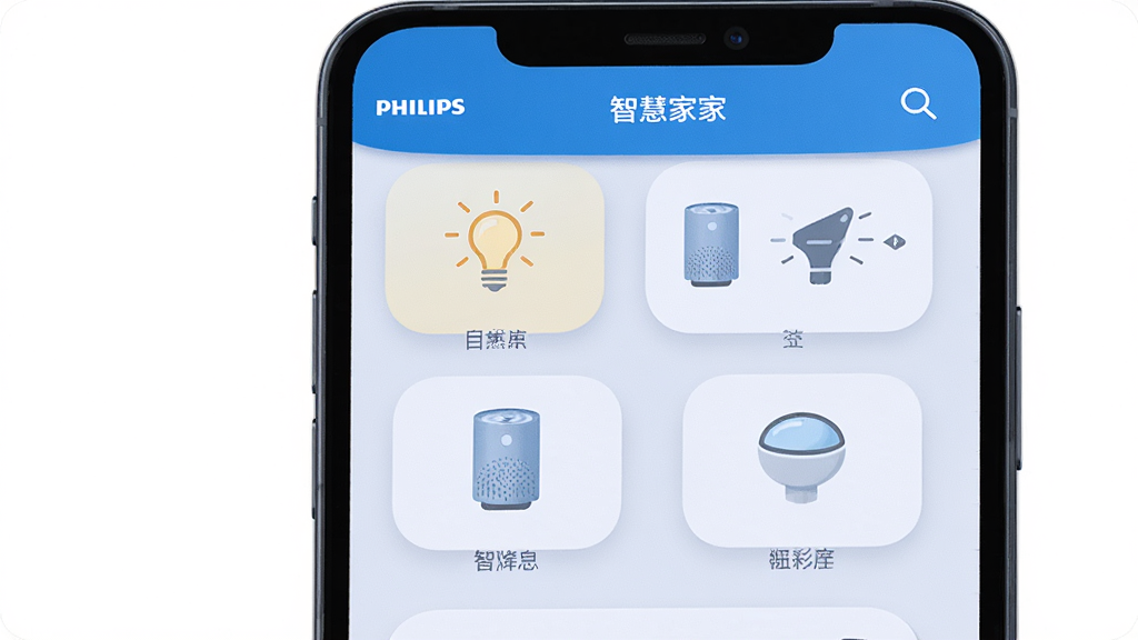 飞利浦智慧家App手机界面展示,画面主体为一部智能手机,屏幕上显示智能家居控制面板,包含灯光、空气净化器等设备图标,布局简洁清晰,排版采用上下分层结构,风格为现代科技感扁平化设计,细节包含圆角图标和柔和阴影,画质高清,干净无多余元素