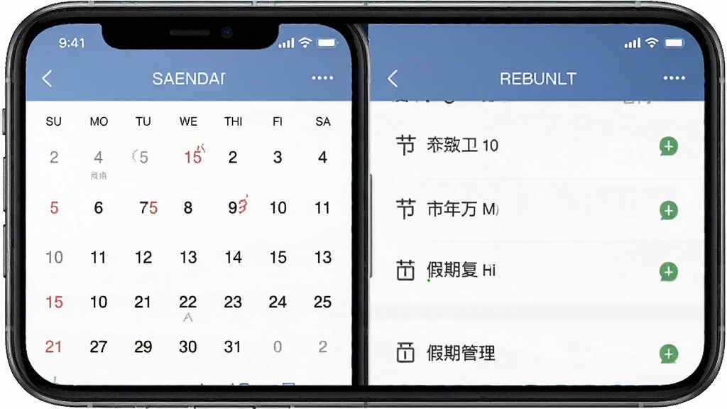 中历万年历应用内日历与假期管理功能界面,主体为手机屏幕特写,布局左右分栏左侧日历右侧假期列表,排版清晰,风格专业唯美,细节包含节气标注与提醒图标,画质高清干净无杂乱元素