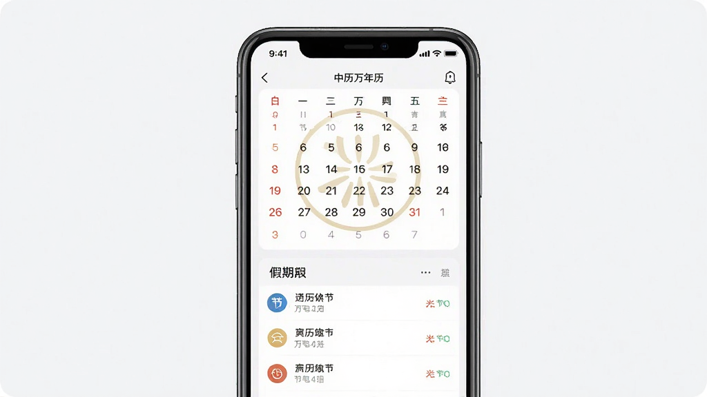 手机屏幕展示中历万年历应用界面,主体为居中手机模型,布局上下分层上方日历下方假期列表,排版整齐,风格简约清新,细节包含农历日期与节气标注,画质清晰干净无多余元素