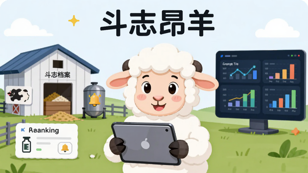 主体为一只卡通绵羊手持平板电脑站在现代化羊场前,布局左侧为羊舍与饲料仓,右侧为数据看板与图表,排版居中突出软件名称“斗志昂羊”,风格为扁平化科技插画,细节包含羊只档案卡片、疫苗图标、库存预警铃铛,画质清晰干净无多余元素