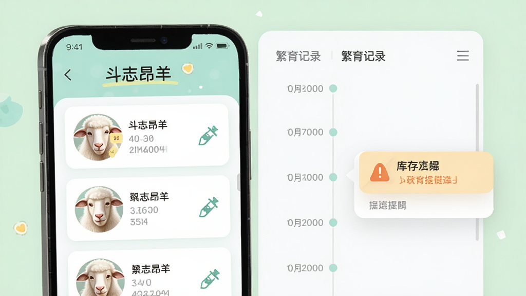主体为手机屏幕显示“斗志昂羊”羊只档案界面,布局左侧为羊只列表卡片,右侧为繁育记录时间轴,排版简洁突出软件名称,风格为清新浅色UI插画,细节包含耳号标签、疫苗图标、库存提醒弹窗,画质干净清晰无多余元素
