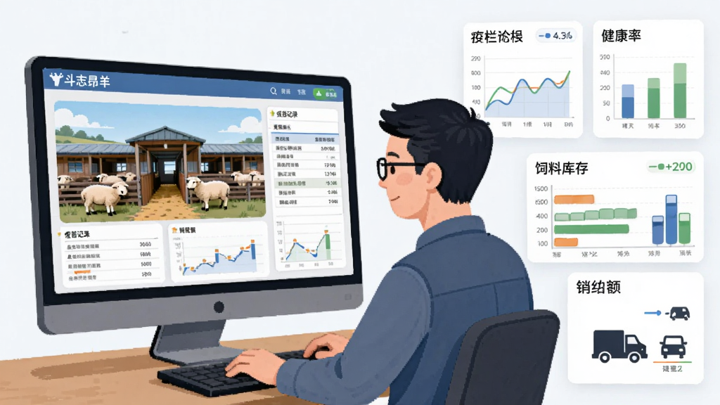 主体为羊场管理者在电脑前查看经营报表看板,布局左侧为羊舍实景小图,右侧为存栏、健康率、销售额三类图表卡片,排版上下结构突出“斗志昂羊”软件界面,风格为简洁商务插画,细节包含疫苗记录表、饲料库存条、运单车辆图标,画质干净清晰无多余元素
