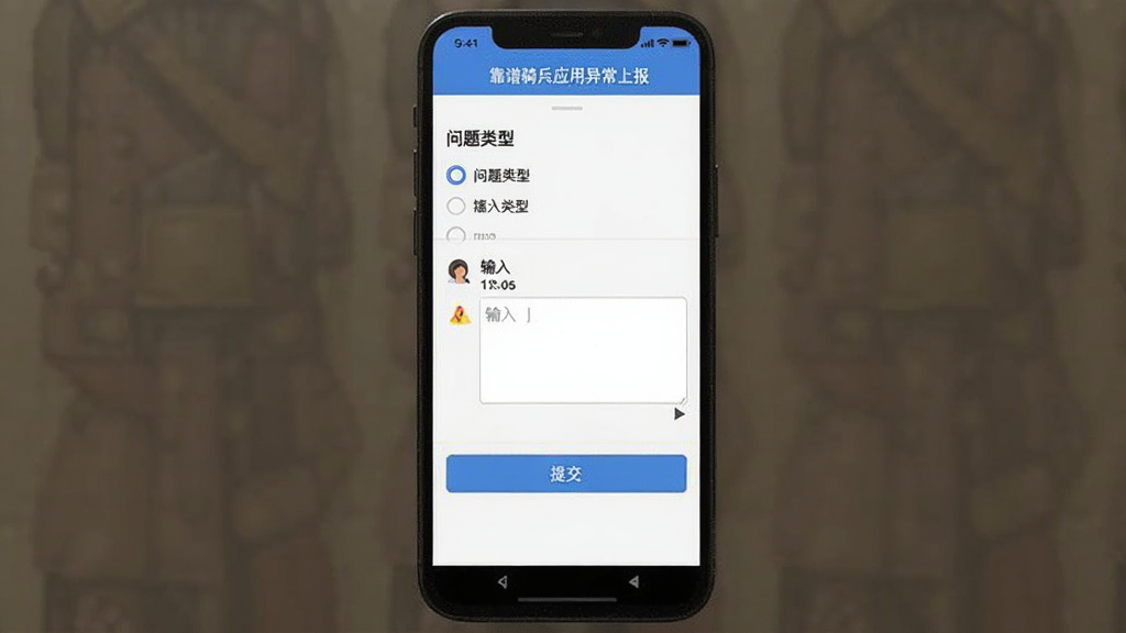 靠谱骑兵应用异常上报页面手机截图,画面为竖屏手机界面,布局为表单填写区域居中,风格为简洁工具类应用风,细节包括问题类型选项、文字输入框、提交按钮,画质清晰,干净,无多余元素
