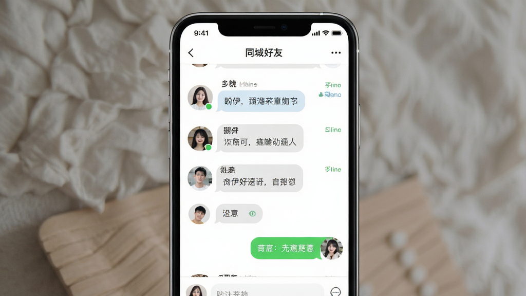 盼伊交友软件界面展示,主体为手机屏幕中同城好友列表与聊天窗口,布局居中对称,排版上下分层,风格清新简约,细节包含头像、消息气泡与在线状态标识,画质清晰干净,无多余元素