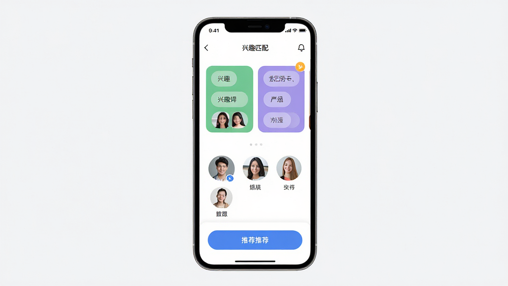 手机屏幕展示交友APP兴趣匹配界面,主体为一部竖屏手机,布局居中,排版简洁,风格清新现代,细节包含兴趣标签卡片、用户头像列表与推荐按钮,画质高清,干净,无多余元素