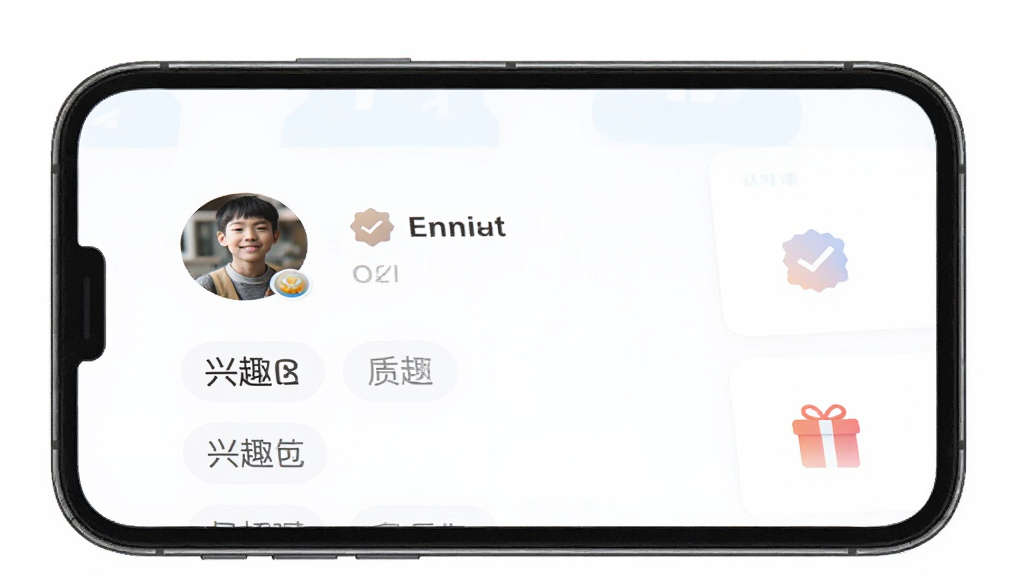 交友APP个人主页界面,主体为手机屏幕,布局上下分区,排版整齐,风格清爽浅色,细节包含头像、兴趣标签、认证徽章与礼物图标,画质清晰,干净,无多余元素