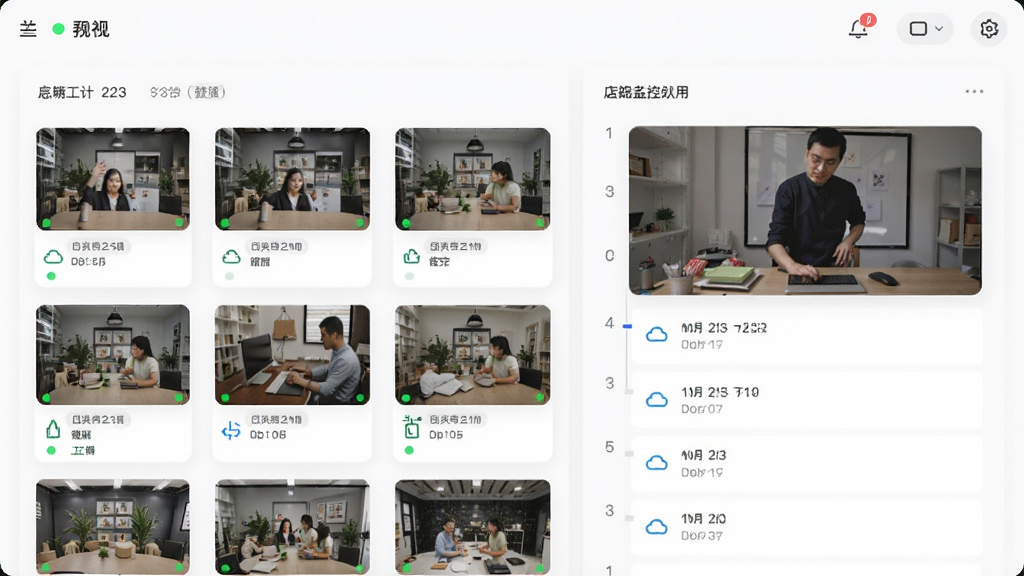主体为手立视应用界面展示多店铺监控列表,布局为左侧店铺缩略图网格、右侧视频回放时间轴,排版规整卡片式,风格为简约商务风,细节包含绿色在线状态点、日期标签、云存储图标,画质高清干净无多余元素