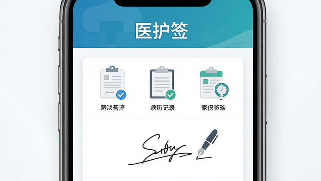 ҽ��ǩ�ֻ�APP����չʾ������Ϊһ�������ֻ���Ļ��ʾ����ǩ��ҳ�棬����Ϊ�����ֻ������ӽǣ��Ű��Ϸ�Ϊ�������ơ�ҽ��ǩ�����������Ϊ���ҽ������磬ϸ�ڰ�����������������¼��ǩ���ʼ���ͼ��Ԫ�أ����������ɾ��޶���Ԫ��