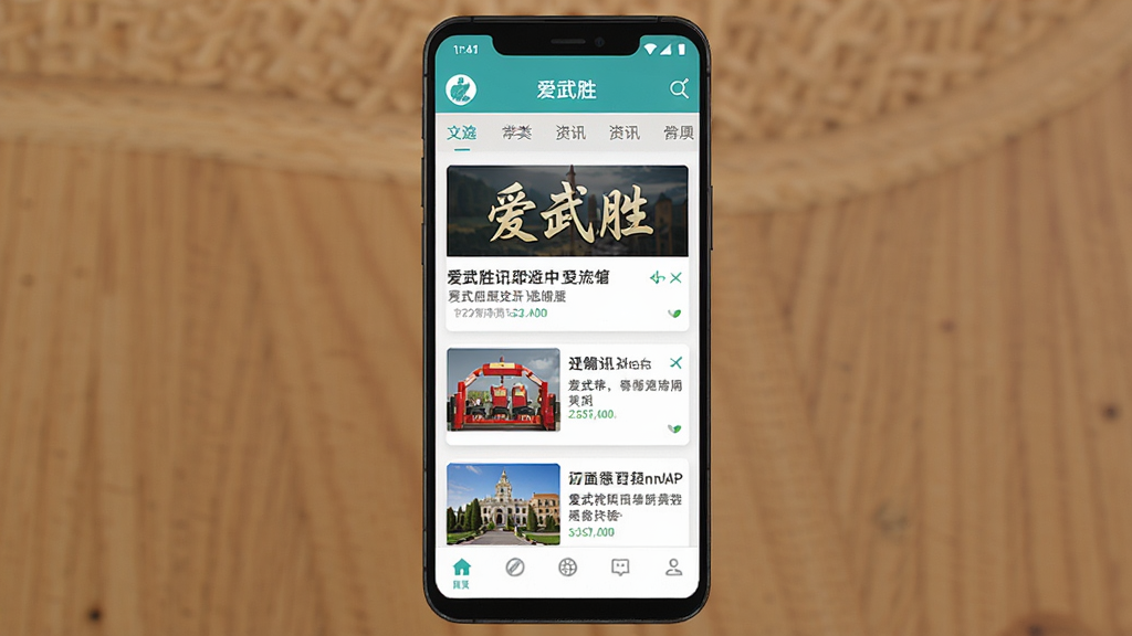 手机屏幕展示“爱武胜”APP新闻资讯列表页面,主体为一部竖屏安卓手机,布局居中,排版简洁,风格为清爽扁平化UI设计,细节包含新闻卡片、分类标签栏和底部导航栏,画质高清,干净无多余元素