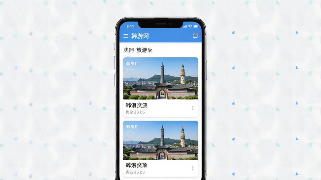 手机屏幕展示韩游网APP首页旅游资讯列表界面,主体为一部竖屏安卓手机,布局居中,排版简洁,风格清新现代,细节包含韩国景点缩略图和中文标题栏,画质清晰干净无多余元素