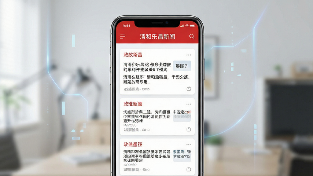 手机屏幕展示清和乐昌新闻资讯列表界面,主体为一部竖屏手机,布局居中,排版干净,风格为现代简约科技风,细节包含时政新闻卡片与红色标题栏,画质清晰,画面干净无多余元素