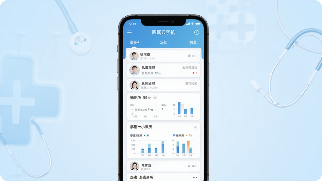 医真云手机端医生工作台界面展示,主体为一部竖屏智能手机,屏幕内呈现患者列表与病历卡片布局,背景为浅蓝渐变医疗风格,排版简洁居中,风格现代商务,细节包含图标按钮与数据图表,画质清晰干净无多余元素