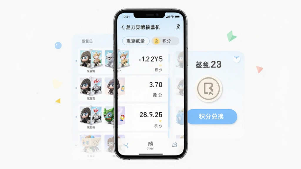 盒力觉醒抽盒机重复潮玩转化界面,主体为手机屏幕中的图鉴列表与积分兑换按钮,布局左右分栏,排版简洁有序,风格为清新浅色扁平化,细节包含重复数量标记与积分数字,画质高清干净无多余元素