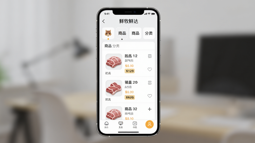 鲜牧鲜达App界面展示,主体为手机屏幕显示生鲜采购下单页面,布局为上下结构上方商品分类下方商品列表,排版整齐清晰,风格现代简约商务,细节包含猪肉生鲜商品图标与价格标签,画质高清干净无多余元素