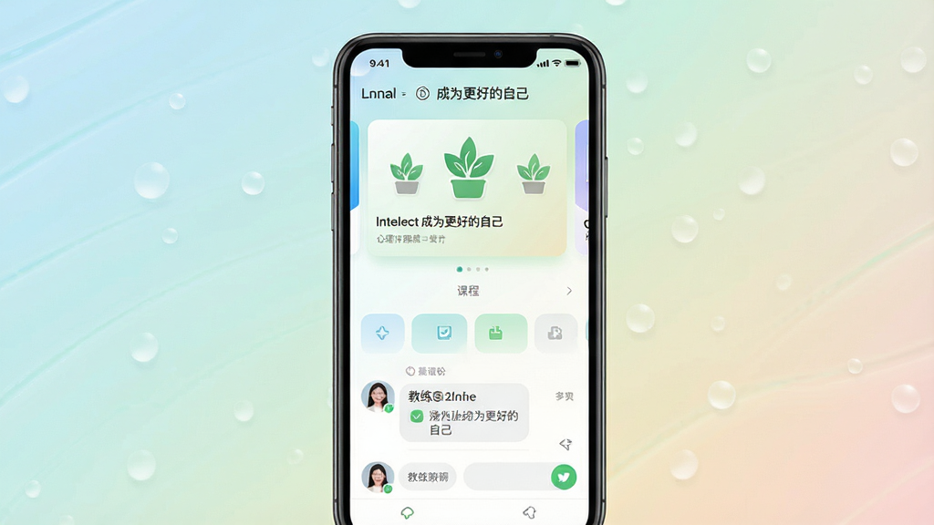 手机屏幕展示心理健康应用界面,主体为一部竖屏手机居中摆放,布局上方是课程卡片下方是教练聊天窗口,排版简洁整齐,风格清新柔和,细节包含绿色植物图标与柔和渐变背景,画质高清干净无多余元素,画面中出现文字“Intellect成为更好的自己”
