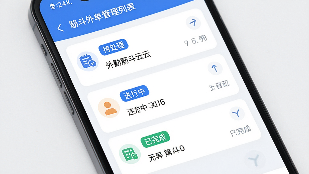 手机屏幕显示外勤筋斗云工单管理列表页面,界面中有待处理、进行中、已完成三类工单卡片,布局为纵向列表,排版整齐,风格为清爽浅色商务风,细节包含蓝色状态标签与简洁图标,画质高清,干净,无多余元素
