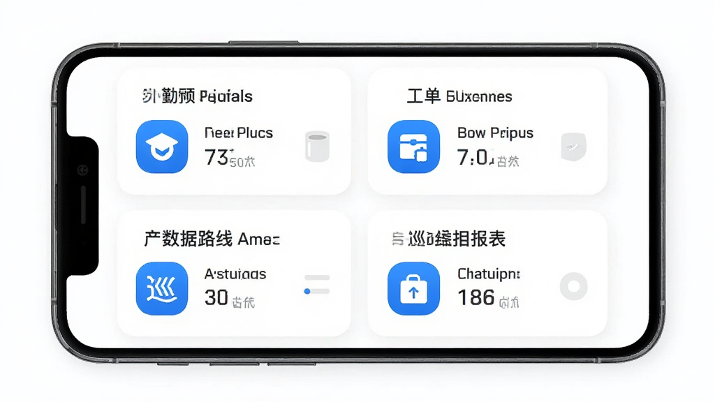一部智能手机屏幕展示外勤筋斗云应用界面,画面中有考勤打卡、工单管理、巡检路线与数据报表四个模块卡片,布局为上下排列的手机截图展示,排版简洁清晰,风格为现代商务扁平化设计,细节包含蓝色主色调图标与白色背景,画质高清,干净,无多余元素