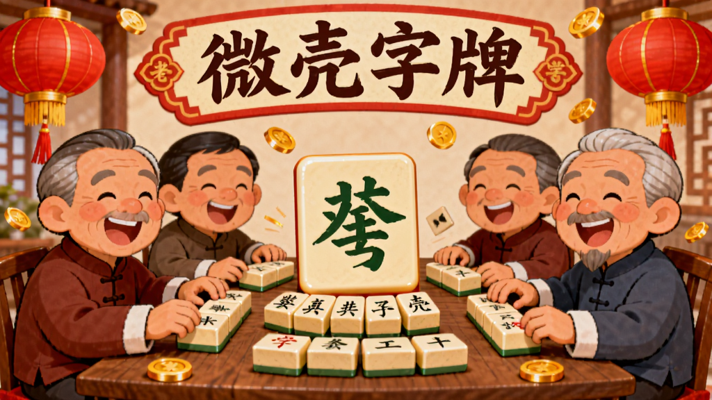 主体为多位卡通老乡围坐打字的场景,布局为桌面居中摆放字牌两侧人物对坐,排版为上方“微壳字牌”字样横幅,风格为喜庆中国风插画,细节包含红灯笼、大字牌、笑脸人物、金币飘落,画质高清干净无多余元素