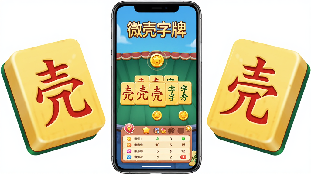 主体为手机屏幕展示微壳字牌游戏大厅,布局为居中大屏手机加两侧漂浮的大字牌牌面,排版为上方软件名称“微壳字牌”标题,风格为清新休闲游戏风,细节包含红黄配色的字牌、金币图标、排行榜元素,画质高清干净无多余元素