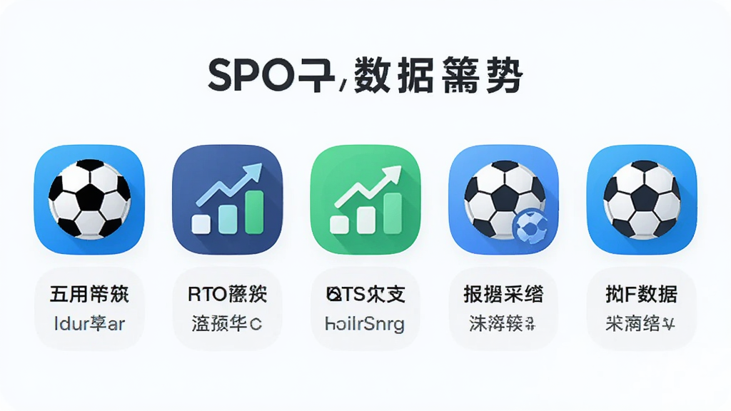 多款体育数据应用图标排列展示,主体为五个圆形应用图标横向排列,布局为顶部标题加图标行加说明文字,排版整齐简约,风格清新浅色,细节包含足球与图表符号,画质干净无多余装饰