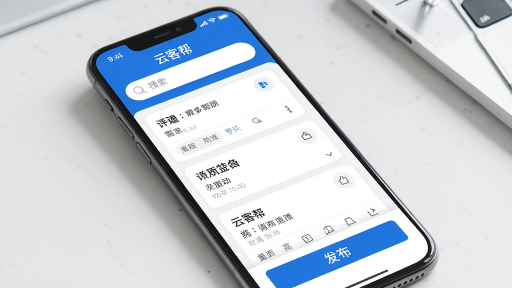 手机屏幕展示云客帮应用首页,上方是搜索栏,中部是需求卡片列表,下方是发布按钮,整体布局清晰,简约商务风格,蓝白配色,细节干净,高清画质,无多余元素