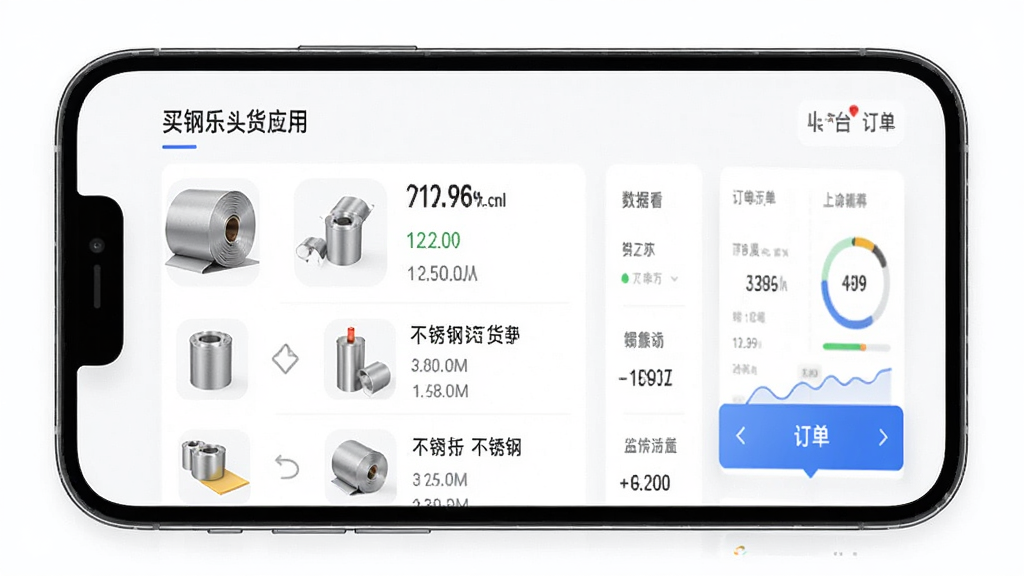 买钢乐订货应用首页界面展示,主体为手机屏幕中的不锈钢订货平台首页,布局清晰呈现货源列表与订单入口,排版采用上下结构,风格为现代商务简洁风,细节包含不锈钢卷材图标与数据看板,画质高清干净无多余元素