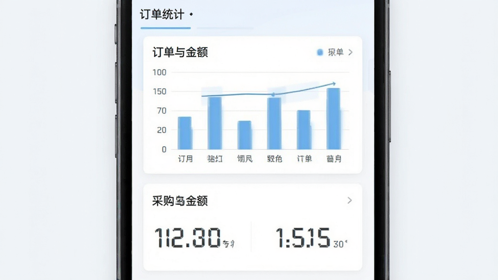 买钢乐订货数据看板功能界面,主体为手机屏幕展示订单统计与采购金额图表,布局为卡片式数据模块上下排列,排版整齐,风格为清新浅色商务风,细节包含柱状图与数字指标,画质清晰干净无多余元素