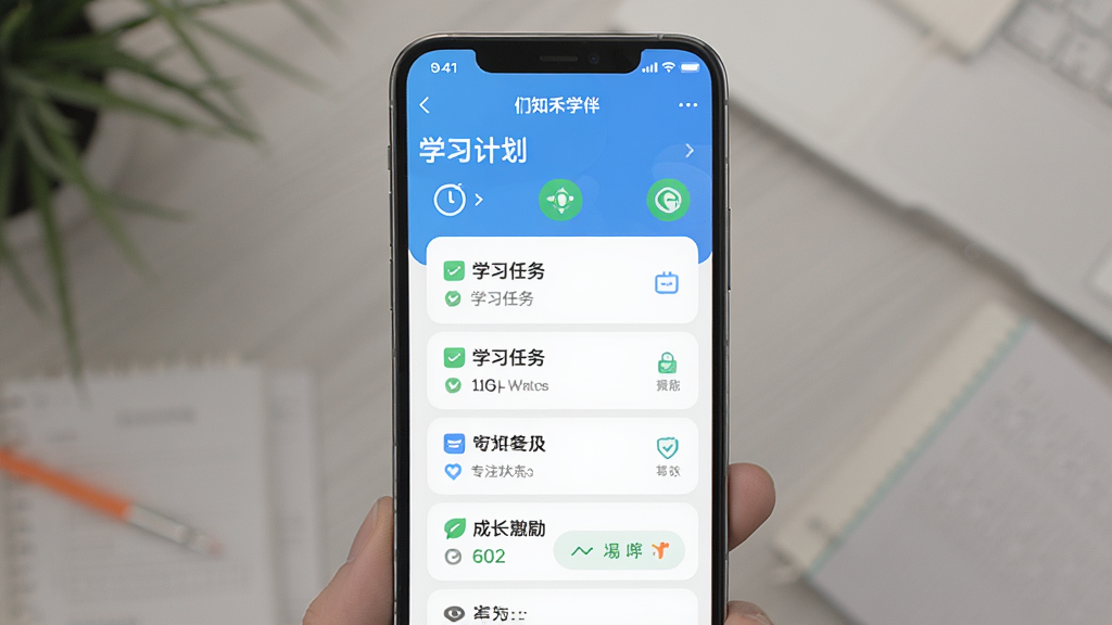 �ֻ���Ļ��ʾ��֪��ѧ��Ӧ�õ�ѧϰ�ƻ�ҳ�棬����Ϊһ�������ֻ������־��У��Ű��࣬���Ϊ���½�����UI��ϸ�ڰ���ѧϰ�����б���רע״̬ͼ��ͳɳ�����Ԫ�أ������������ɾ����޶���Ԫ��