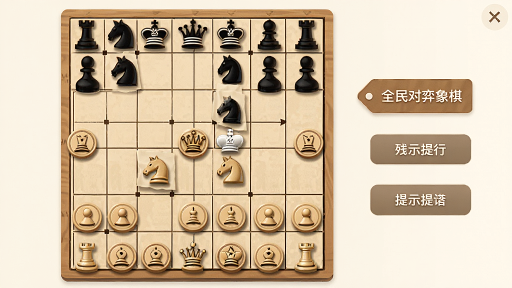 中国象棋残局挑战界面,棋盘上摆放经典残局棋子,旁边配有题目标签和提示按钮,背景为淡雅浅色,风格简洁商务,画质清晰干净,画面中带有