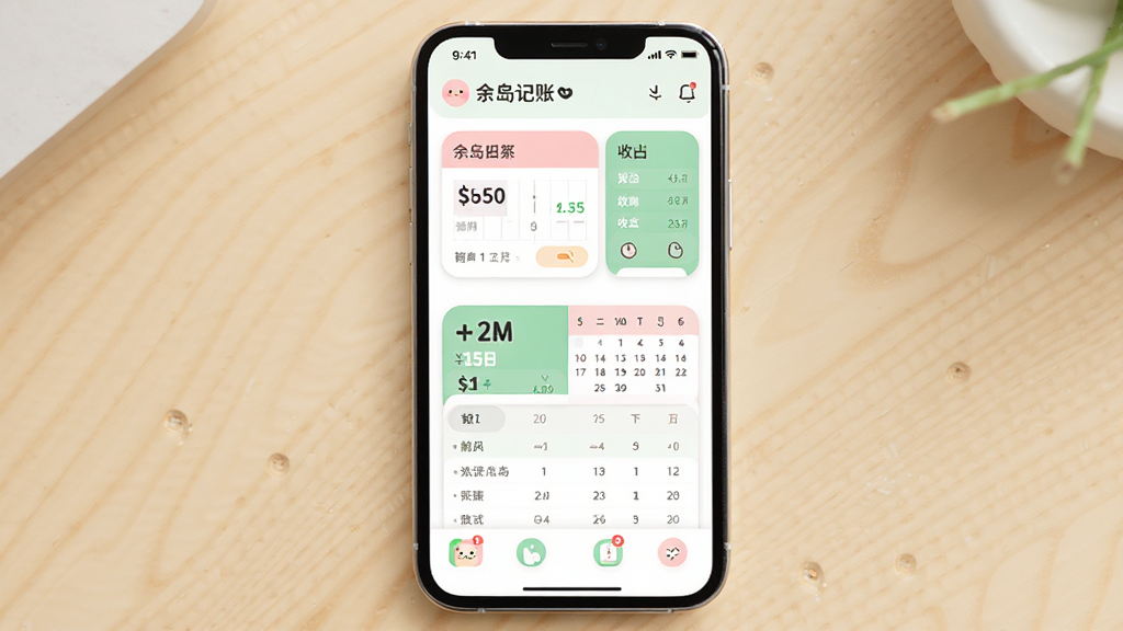 主体为一部手机屏幕展示余岛记账可爱清新界面的记账应用截图,布局为手机居中放置于浅色桌面,排版上屏幕内可见账本卡片与收支数字,风格为清新扁平插画风,细节包括圆角图标、粉绿配色、日历选期控件,画质高清干净无多余元素