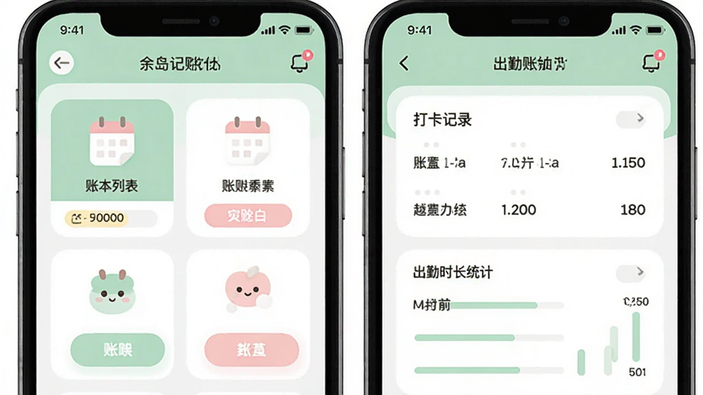 主体为余岛记账软件多账本切换与考勤打卡界面的组合展示,布局为左右两块手机屏幕并排,排版左侧展示账本列表卡片、右侧展示打卡记录与出勤时长统计,风格为清新可爱扁平风,细节包括圆角按钮、浅绿浅粉配色、日历图标,画质高清干净无多余元素