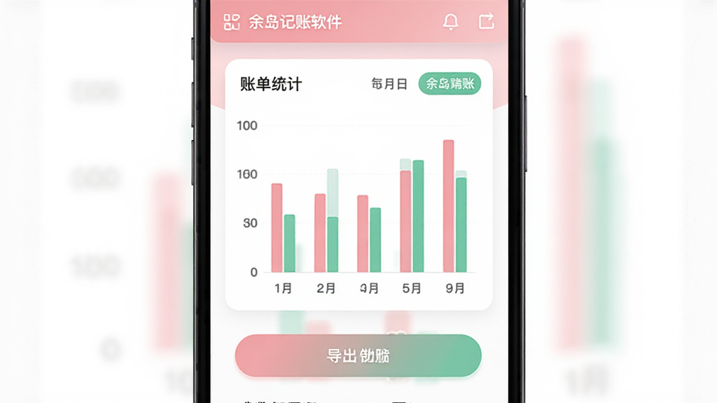 主体为余岛记账软件账目导出与统计页面展示,布局为手机屏幕正面特写居中,排版上屏幕内呈现账单统计图表与导出按钮,风格为清爽扁平UI风,细节包括柱状统计图、圆角卡片、粉绿配色,画质高清干净无多余元素