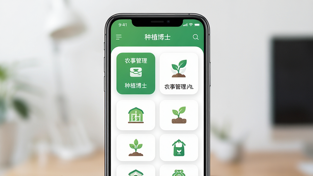 手机屏幕展示“种植博士”软件首页界面,主体为一部竖屏手机居中放置,布局上屏幕内呈现农事管理卡片与作物图标,排版简洁清晰,风格为现代扁平化UI设计,细节包含绿色主色调、白色背景、图标圆角处理,画质高清干净无多余元素