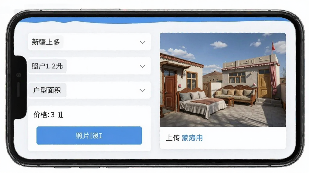 新疆二手房应用房源发布页面手机截图,表单填写户型面积价格,上传照片区域,清爽蓝白配色,界面整洁,画质清晰,无多余装饰