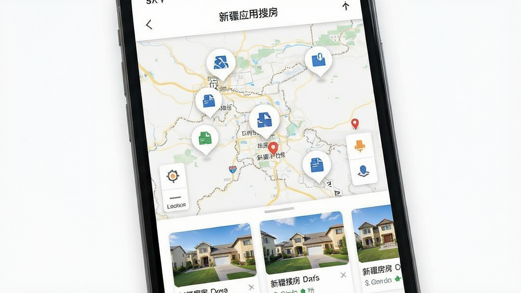 手机屏幕展示新疆二手房应用地图搜房界面,地图上分布多个房源气泡标记,底部房源卡片列表,简洁白色背景,扁平化UI风格,细节清晰,画质干净,无多余元素