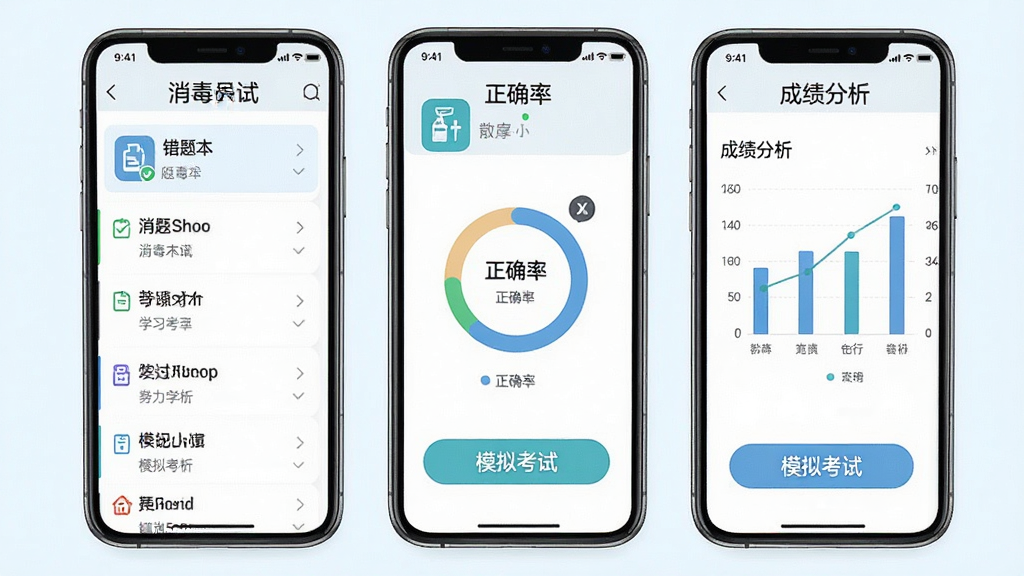 消毒员考试学知题软件功能展示图,主体为手机界面组合排列,布局左侧题库列表右侧成绩分析图表,排版整齐对称,风格为清爽浅色系学习应用风格,细节包含错题本图标、正确率环形图、模拟考试按钮,画质高清干净无多余元素