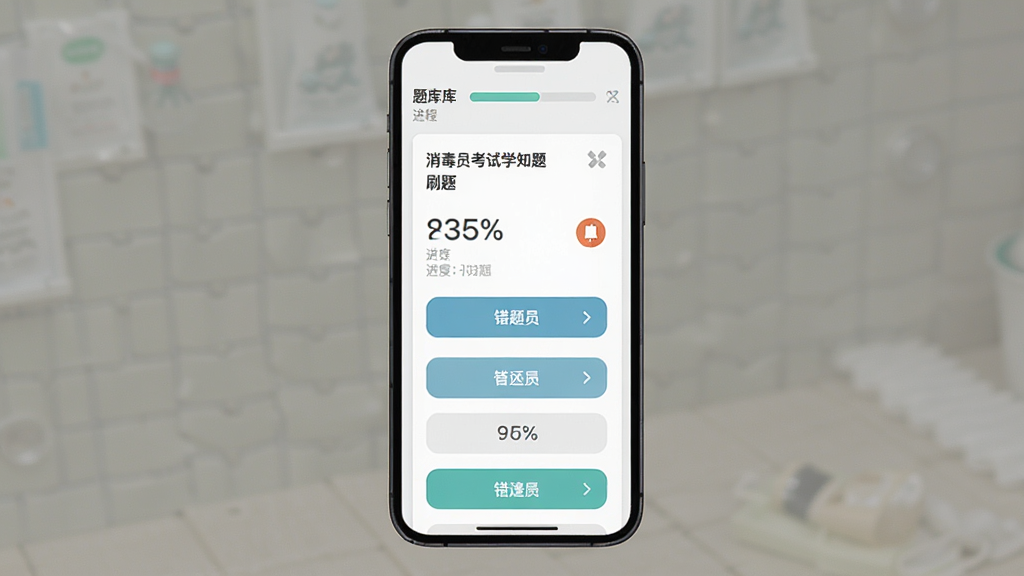 手机屏幕显示消毒员考试学知题刷题界面,主体为居中竖屏手机,布局上方为题库进度条与答题卡片,排版简洁清晰,风格为扁平化学习类应用界面,细节包含答题选项按钮、错题标记图标、进度百分比数字,画质高清干净无多余元素