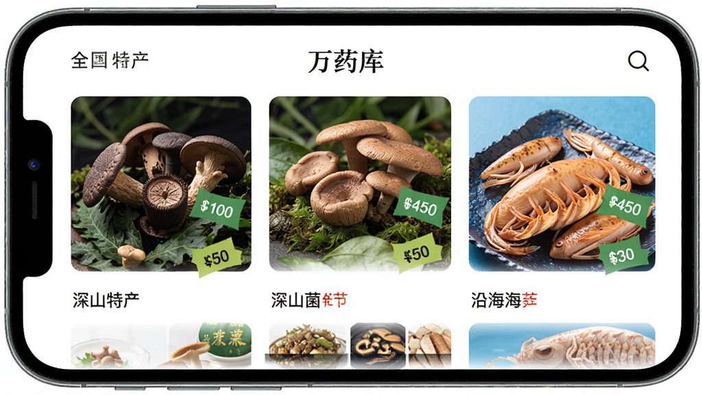 �ֻ���Ļչʾ����ҩ�⡱APP��ҳ������Ϊȫ���ز��������񲼾֣��Ű����Ϊ��ɽ�������Ҳ�Ϊ�غ����ʿ�Ƭ�����������Ȼ��ϸ�ڰ�����Ʒ����ͼ��۸��ǩ�����ʸ��壬����ɾ����޶���Ԫ��