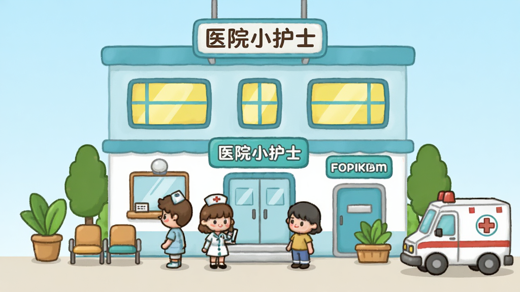 卡通风格医院经营游戏场景,画面中央是一座两层楼的小型医院建筑,门口有护士和患者卡通人物排队,医院外墙为浅蓝色和白色搭配,窗户明亮,旁边有绿植和救护车,整体布局左右对称,风格为清新可爱的扁平化卡通插画,细节包括挂号窗口、候诊座椅、药房标识,画质清晰干净,无多余元素,画面中带有“医院小护士”文字标识