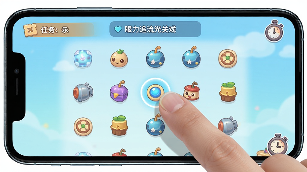 手机屏幕显示眼力追流光游戏关卡画面,画面中央有多个相似小物件,一只手指正在点击其中一个目标元素,布局为竖屏手游界面,排版简洁,风格清新休闲,细节包含任务提示条与计时图标,画质清晰,干净,无多余元素
