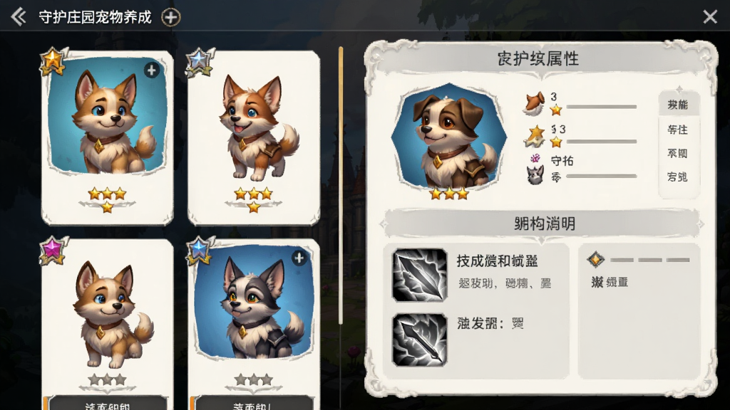 守护庄园宠物养成界面,画面左侧为宠物列表卡片,右侧为选中宠物的属性面板和技能说明,布局为左右分栏,排版清爽,奇幻风格,细节包括宠物立绘和星级标识,画质清晰干净无多余元素