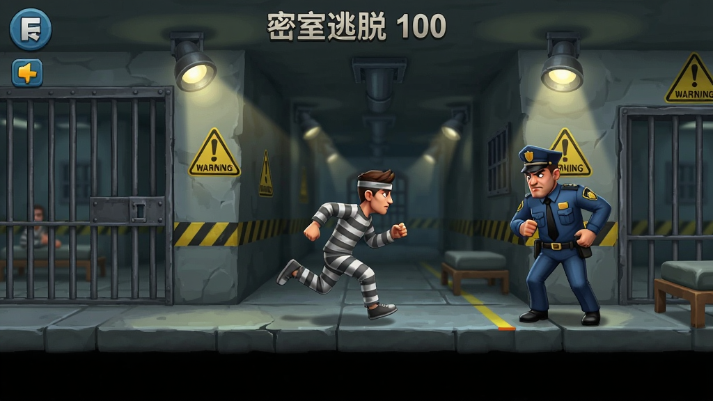 密室逃脱100间游戏画面,主体是一名囚犯角色在监狱走廊中奔跑躲避狱警,布局为横向卷轴跑酷视角,排版突出角色与障碍物,风格为卡通写实动作游戏风,细节包括铁栏、探照灯、警示标语,画质清晰干净无多余元素