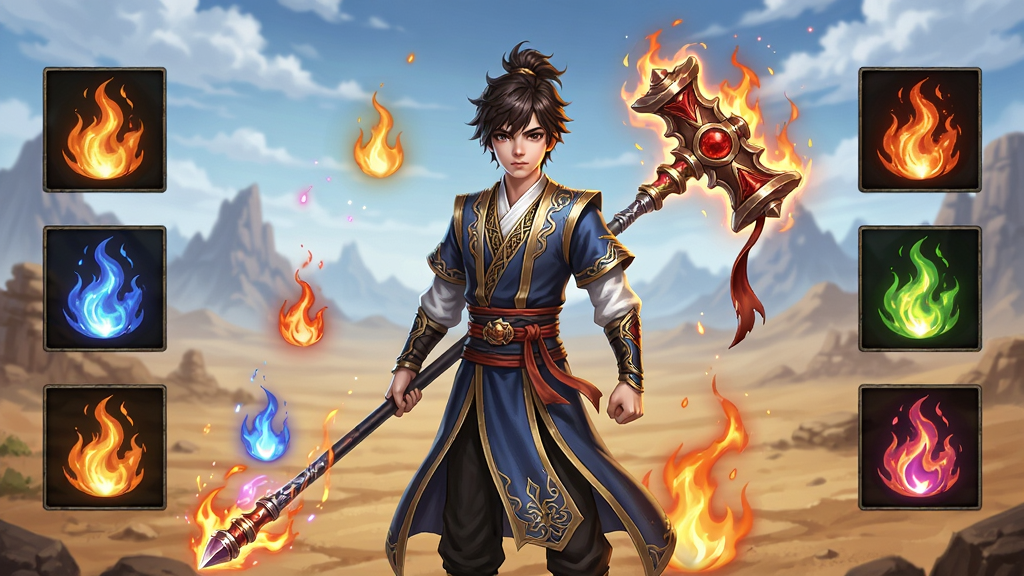 灵剑仙师游戏界面展示,主体为一名手持玄重尺的少年斗师站在斗气大陆的荒漠场景中,周围环绕着各色异火光芒,布局采用居中人物加左右两侧异火图标排列,排版清晰层次分明,风格为东方玄幻RPG游戏宣传图,细节包括少年服饰纹理、异火火焰粒子效果、背景远山与云层,画质高清精致干净无多余元素