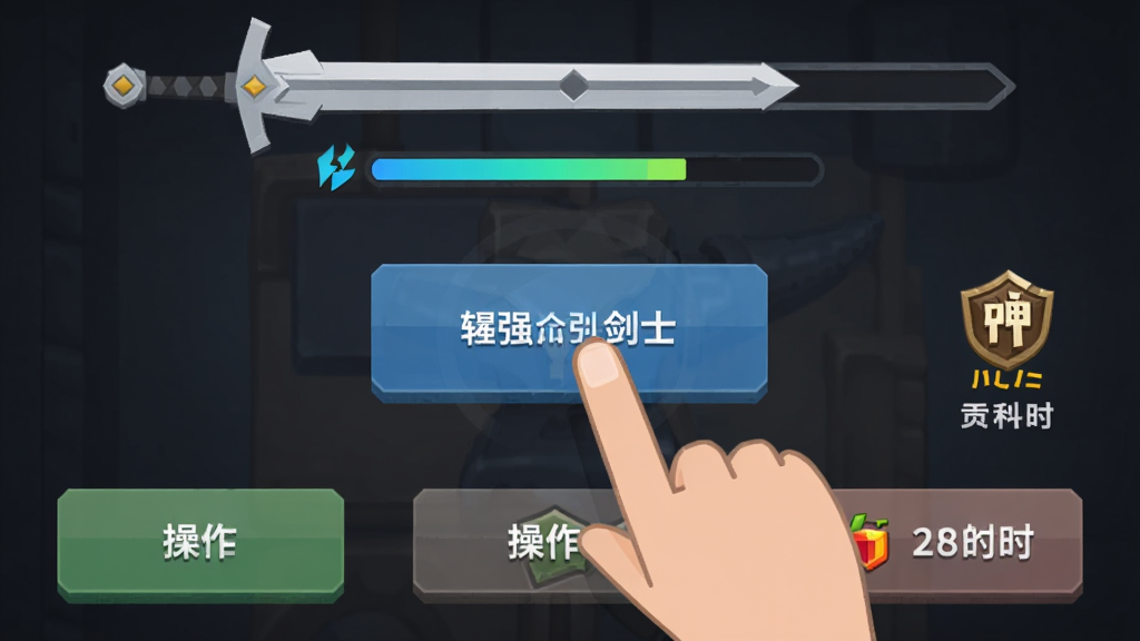 转生成为最强剑士新手引导界面,主体为一只手指点击锻造按钮的示意,布局为上方长剑进度条下方操作按钮,排版简洁清晰,风格为扁平化手游UI,细节包含充能进度条、入神提示图标和贡品倒计时,画质高清干净无多余元素