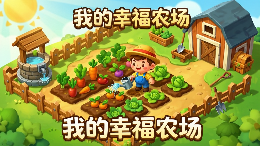主体是一座卡通风格的幸福农场菜园,画面中央有整齐的菜地和正在浇水的农场主角色,周围摆放木栅栏、水井和小仓库,布局疏密有致,排版为横版游戏宣传图风格,清新明亮的田园插画风,细节包含成熟的蔬菜、农具和暖色调阳光,画质清晰干净无多余元素,画面中带“我的幸福农场”文字