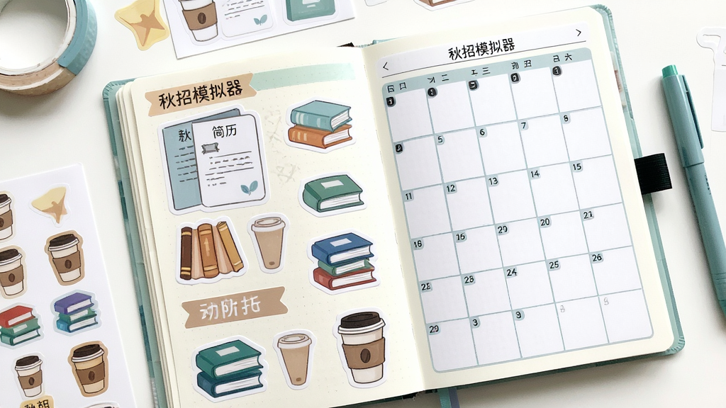 秋招模拟器手账贴纸风格日程本界面,桌面平铺手账本与彩色贴纸,主体为翻开的日程页,布局左侧贴纸栏右侧日程格,清新浅色手账风,细节含简历、书本、咖啡杯贴纸,画质清晰干净无多余元素