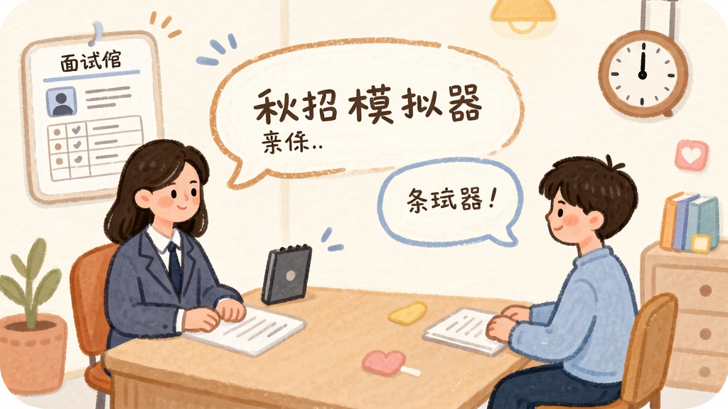 秋招模拟器面试场景插画,主体为手账风格面试房间,布局左侧面试官右侧玩家角色,排版居中突出对话气泡,柔和圆角手账风,细节含简历表格与时钟,画质清晰干净无多余元素