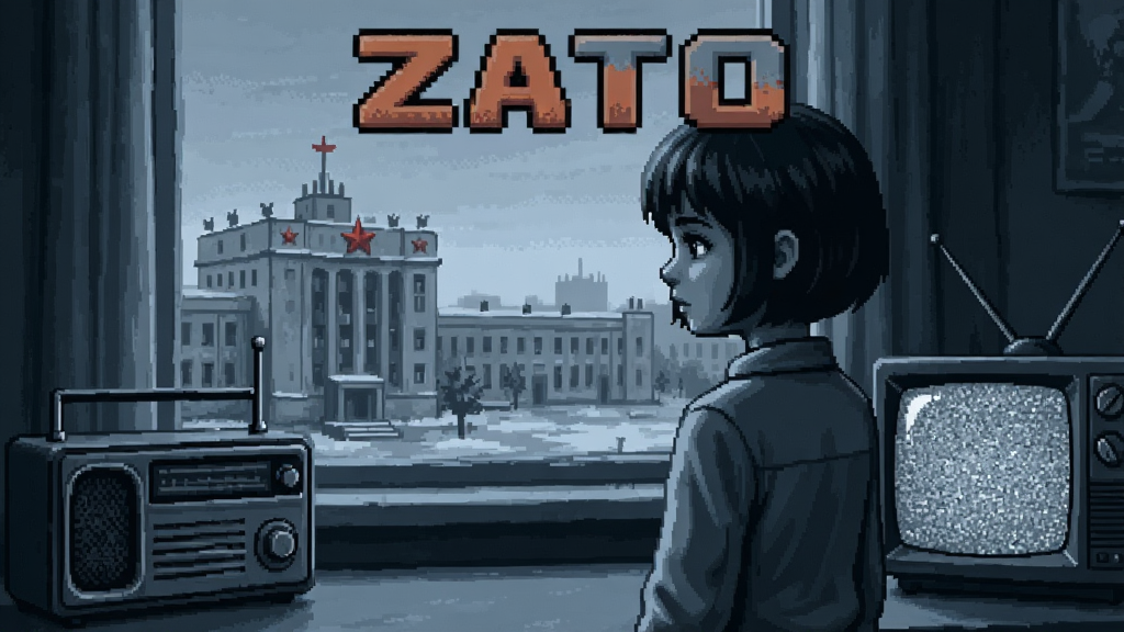 ZATO游戏主界面展示,苏联风格建筑背景,一位短发女孩站在窗前望向远处,画面色调偏冷灰蓝色,布局为横版电脑屏幕截图,风格为复古写实视觉小说封面,细节包含老式收音机与雪花屏电视机,画质清晰干净无多余元素
