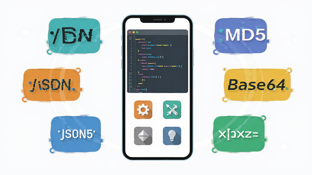 ��ͼ����������һ�������ֻ�����Ļ��ʾ����༭�������빤��ͼ�꣬��Χ����JSON��MD5��Base64�ȳ�����ţ����־��жԳƣ��Ű�ɾ�����ƽ���Ƽ����ϸ�����������ʸ��壬�ɾ����޶���Ԫ��