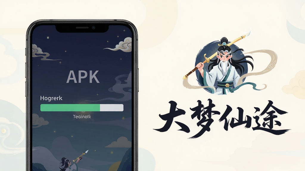 大梦仙途安装界面示意图,手机屏幕显示APK安装进度条,旁边有仙侠风格图标与“大梦仙途”字样,扁平插画风格,浅色背景,布局简洁,高清画质,干净无多余元素